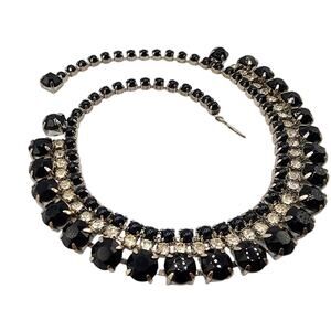 Vintage 1950s Black Crystal Choker Necklace Faceted & Cabochon Glass Layers